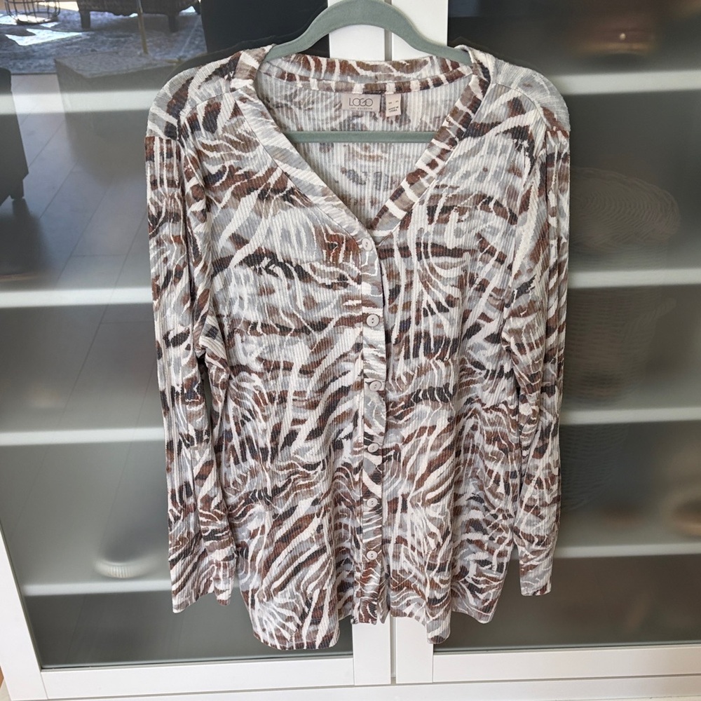 LOGO by Lori Goldstein Zebra Print Button Lightweight Cardi - XL